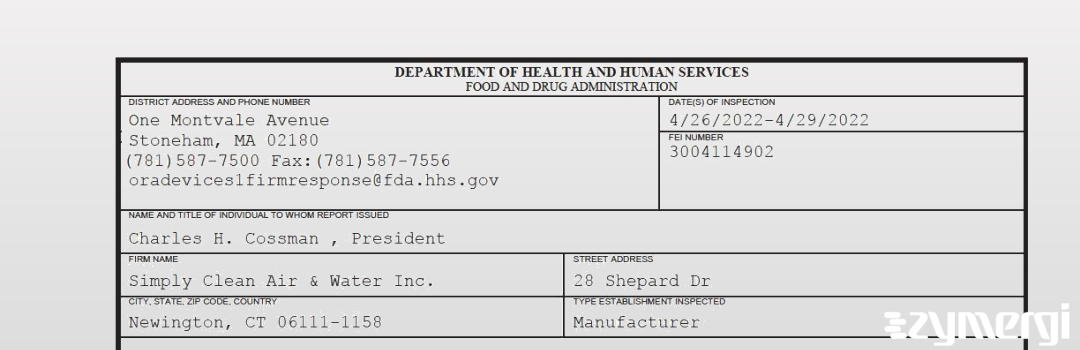 FDANews 483 Simply Clean Air & Water Inc. Apr 29 2022 top