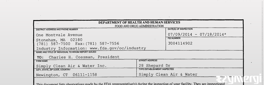 FDAzilla 483 Simply Clean Air & Water Inc. Jul 18 2014 top