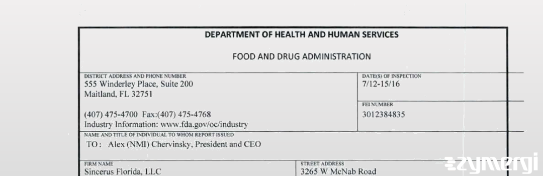 FDANews 483 Sincerus Florida, LLC Jul 15 2016 top