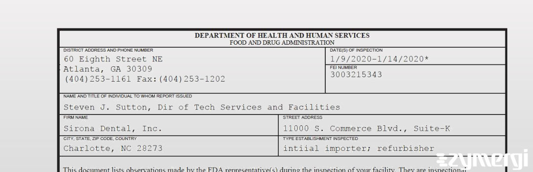 FDANews 483 Sirona Dental, Inc. Jan 14 2020 top