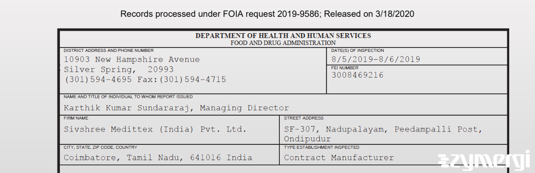 FDANews 483 Sivshree Medittex (India) Pvt. Ltd. Aug 6 2019 top