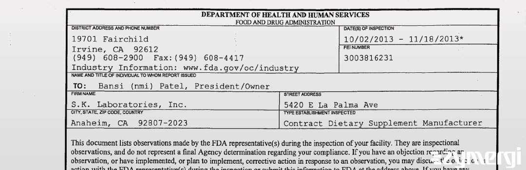 FDANews 483 S.K. Laboratories, Inc. Nov 18 2013 top