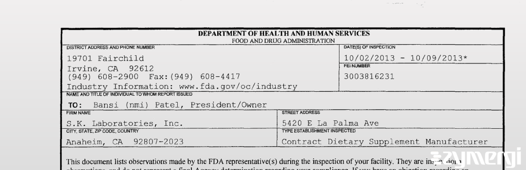 FDANews 483 S.K. Laboratories, Inc. Oct 9 2013 top