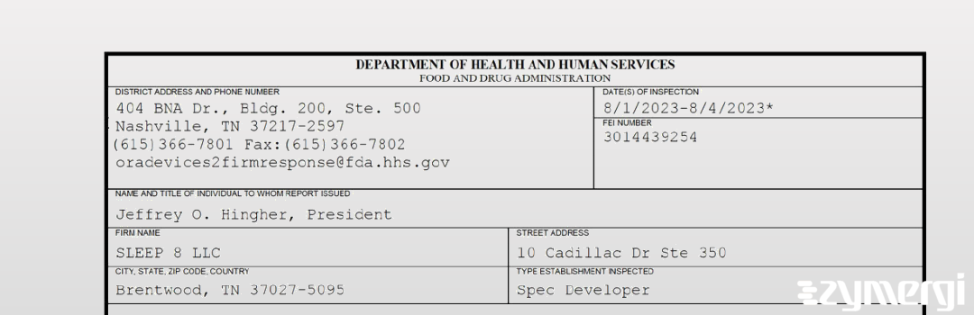 FDANews 483 SLEEP 8 LLC Aug 4 2023 top