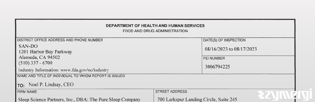 FDANews 483 Sleep Science Partners, Inc. Aug 17 2023 top