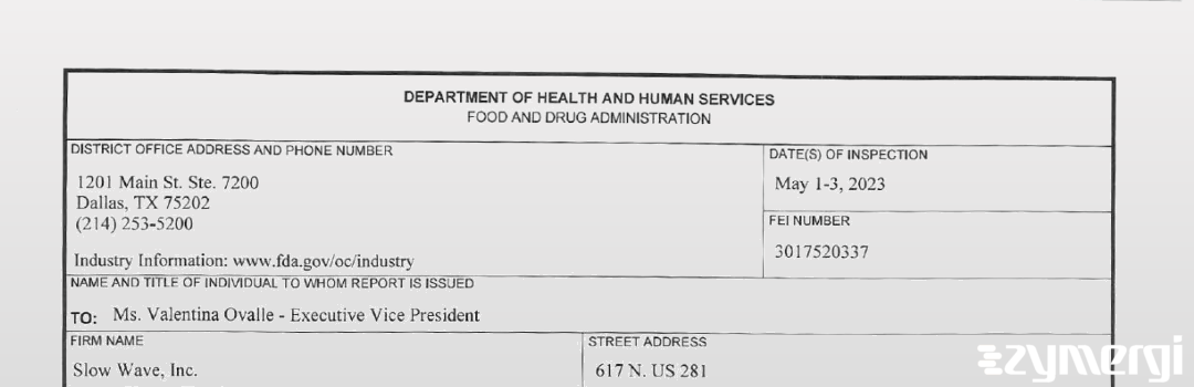FDANews 483 Slow Wave, Inc. May 3 2023 top