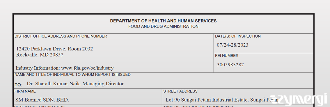 FDANews 483 SM Biomed Sdn Bhd Jul 28 2023 top