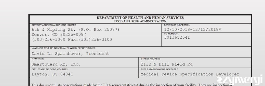 FDANews 483 SmartGuard Rx, Inc. Dec 12 2018 top