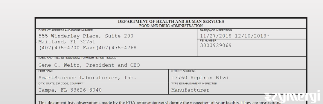 FDANews 483 SmartScience Laboratories, Inc. Dec 10 2018 top