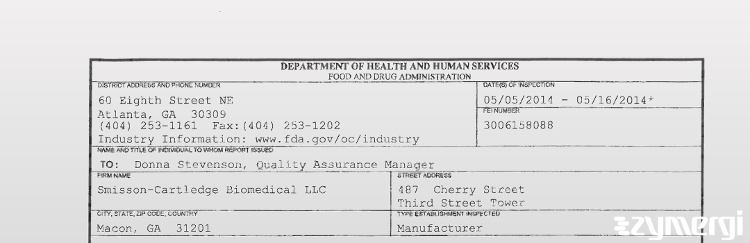 FDANews 483 Smisson-Cartledge Biomedical, LLC May 16 2014 top