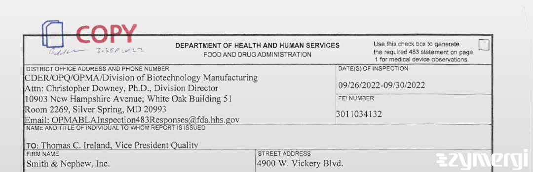 FDANews 483 Smith & Nephew Inc Sep 30 2022 top