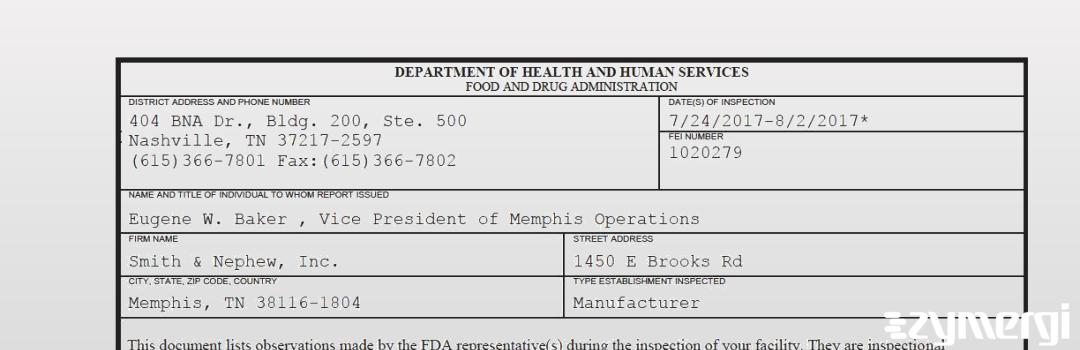 FDANews 483 Smith & Nephew Inc Aug 2 2017 top