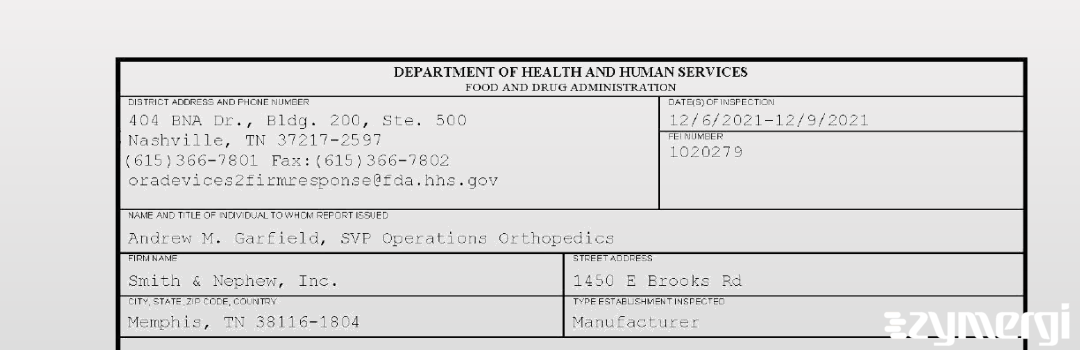 FDANews 483 Smith & Nephew Inc Dec 9 2021 top