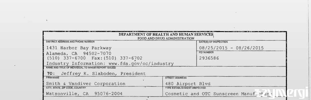 FDANews 483 Smith & Vandiver Corporation Aug 26 2015 top