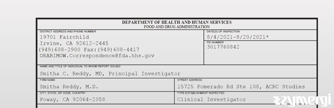 FDANews 483 Smitha Reddy, M.D. Aug 20 2021 top