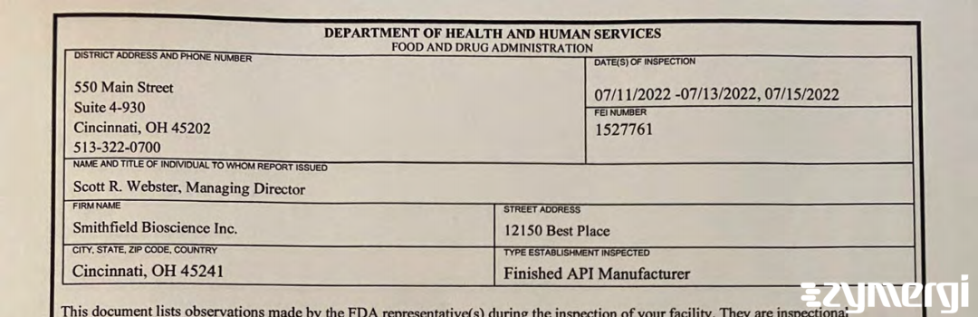 FDANews 483 Smithfield Bioscience Inc Jul 15 2022 top