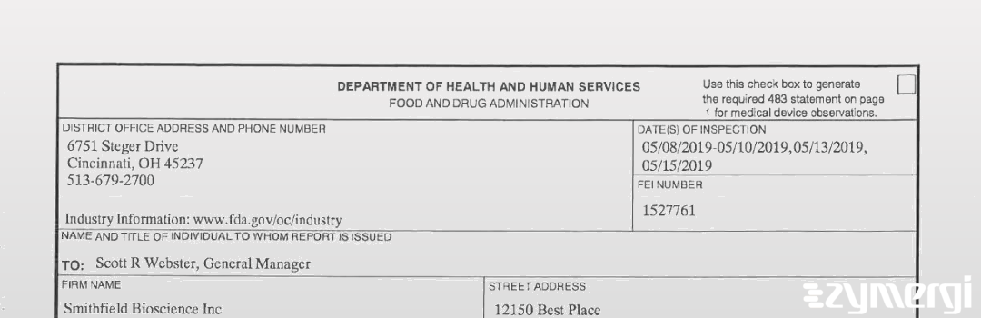 FDANews 483 Smithfield Bioscience Inc May 15 2019 top