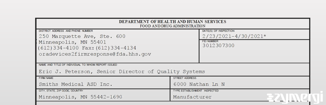 FDANews 483 Smiths Medical ASD, Inc. Apr 30 2021 top