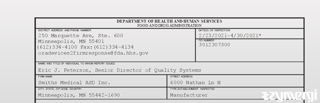 FDANews 483 Smiths Medical ASD, Inc. Apr 30 2021 top
