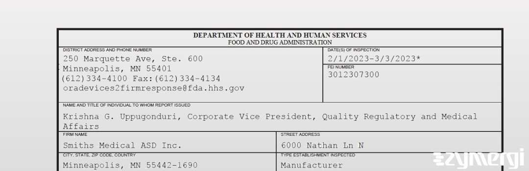 FDANews 483 Smiths Medical ASD, Inc. Mar 3 2023 top