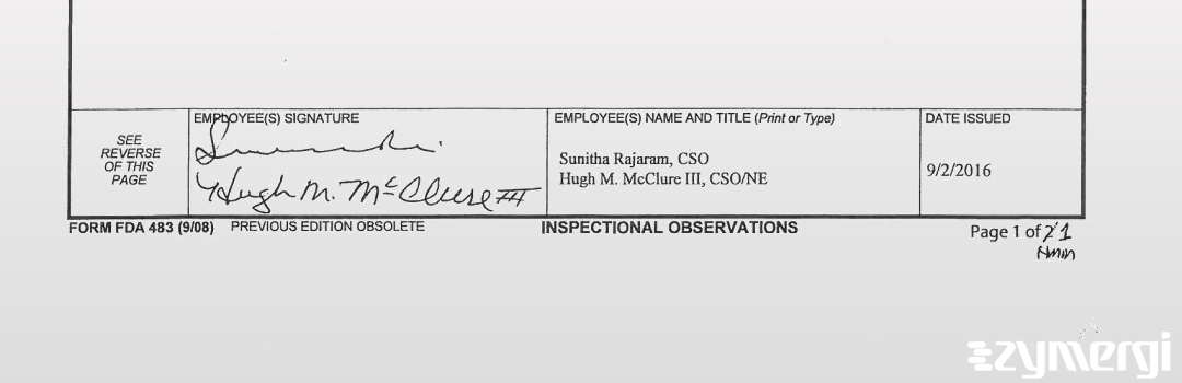 Hugh M. McClure FDA Investigator Sunitha K. Rajaram FDA Investigator 