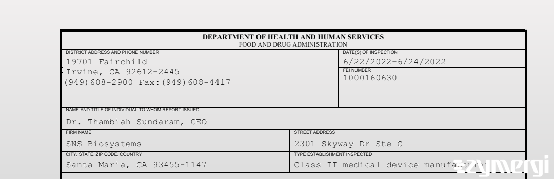 FDANews 483 SNS Biosystems Jun 24 2022 top