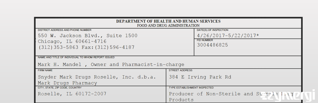 FDANews 483 Snyder Mark Drugs Roselle, Inc. d.b.a. Mark Drugs Pharmacy May 22 2017 top