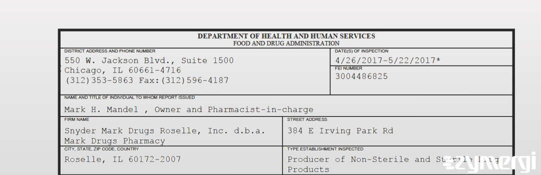 FDANews 483 Snyder Mark Drugs Roselle, Inc. d.b.a. Mark Drugs Pharmacy May 22 2017 top