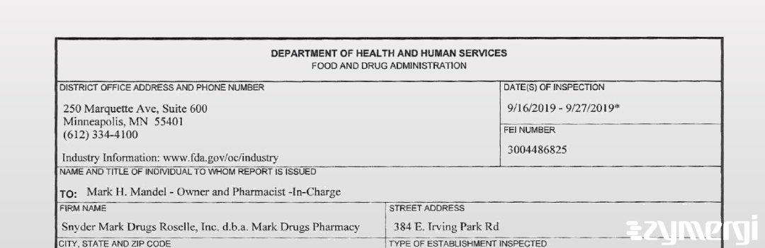 FDANews 483 Snyder Mark Drugs Roselle, Inc. d.b.a. Mark Drugs Pharmacy Sep 27 2019 top