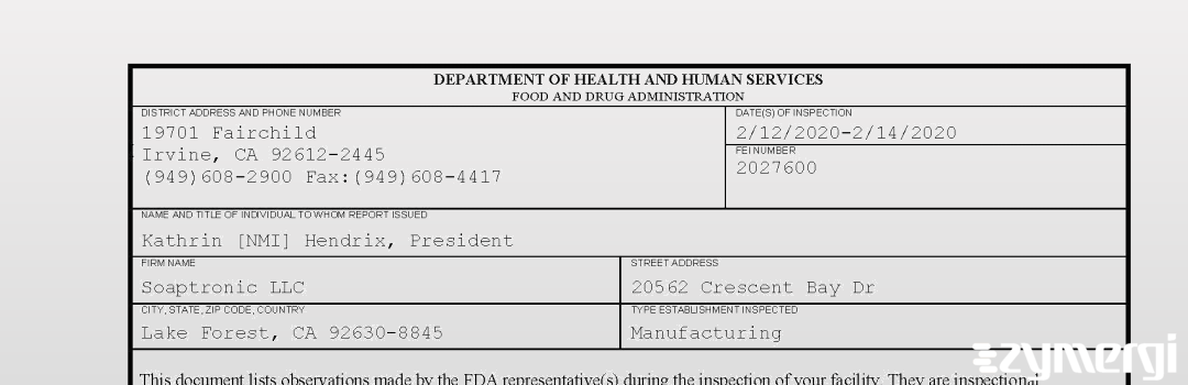 FDANews 483 Soaptronic LLC Feb 14 2020 top