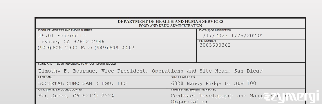 FDANews 483 SOCIETAL CDMO SAN DIEGO, LLC Jan 25 2023 top