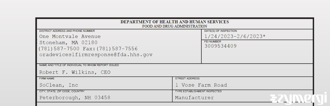 FDANews 483 SoClean, Inc Feb 6 2023 top