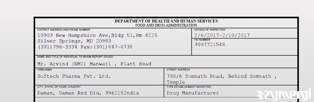 FDANews 483 Softech Pharma Pvt. Ltd. Feb 10 2017 top