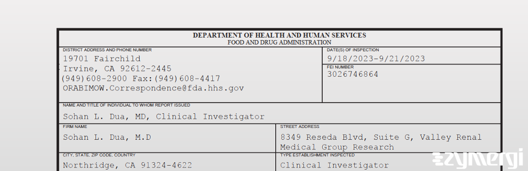 FDANews 483 Sohan L. Dua, M.D Sep 21 2023 top