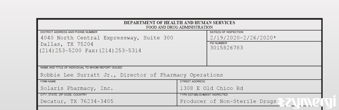 FDANews 483 Solaris Pharmacy, Inc. Feb 26 2020 top