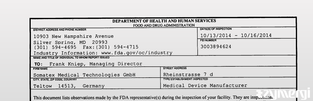 FDANews 483 Somatex Medical Technologies GMBH Oct 16 2014 top