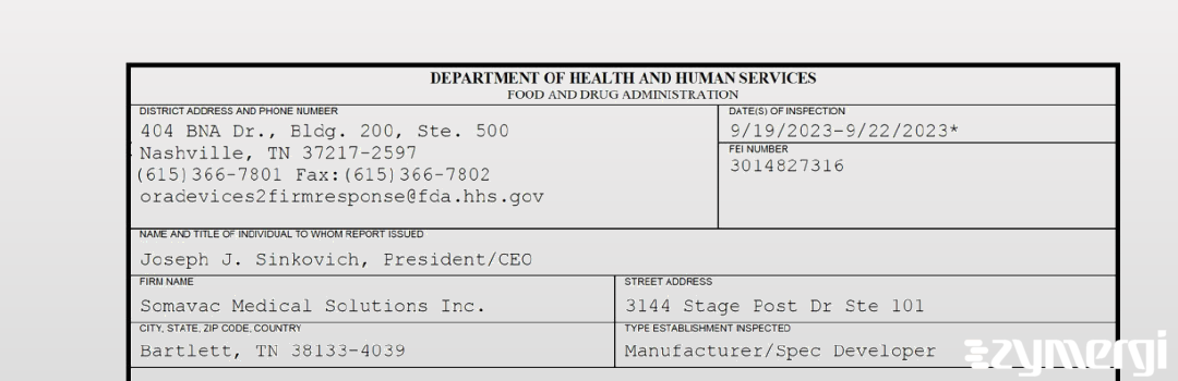 FDANews 483 Somavac Medical Solutions Inc. Sep 22 2023 top