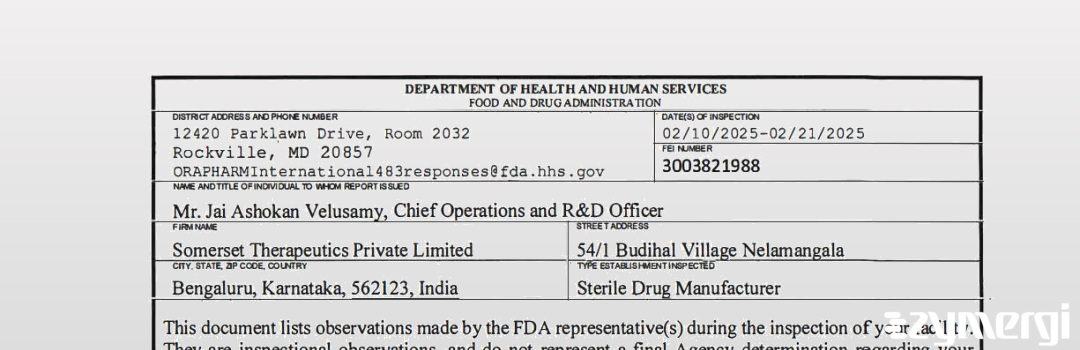 FDANews 483 Somerset Therapeutics Private Limited Feb 21 2025 top