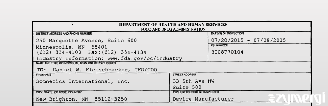 FDANews 483 Somnetics International, Inc. Jul 28 2015 top