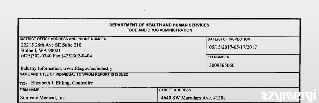 FDANews 483 Sonivate Medical, Inc. May 17 2017 top