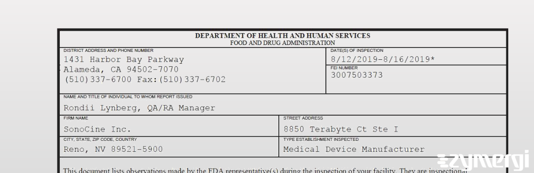 FDANews 483 SonoCine Inc. Aug 16 2019 top