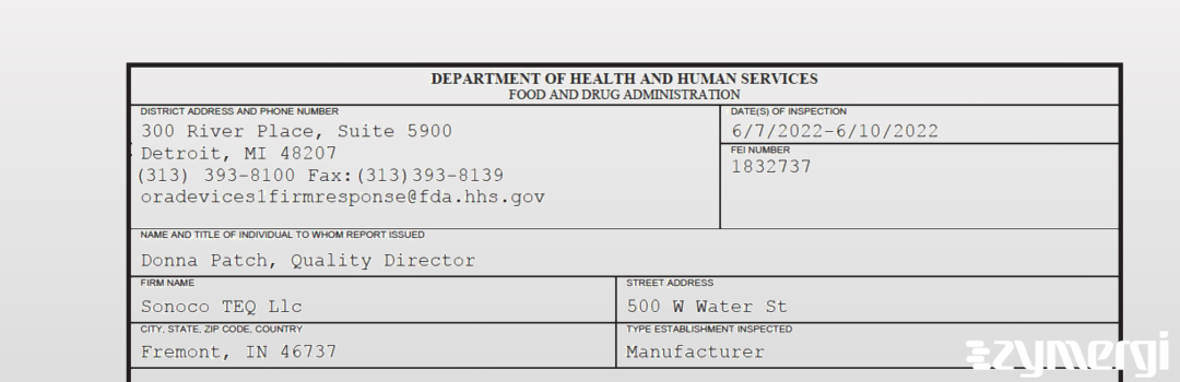 FDANews 483 Sonoco TEQ LLC Jun 10 2022 top