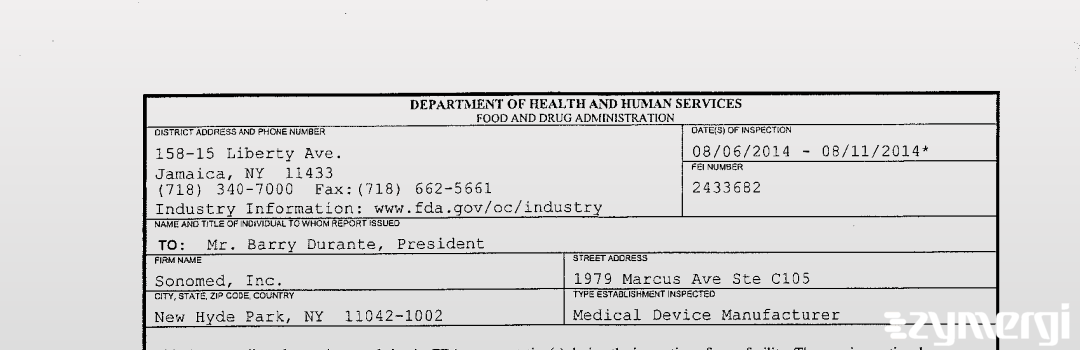 FDAzilla 483 Sonomed, Inc. Aug 11 2014 top
