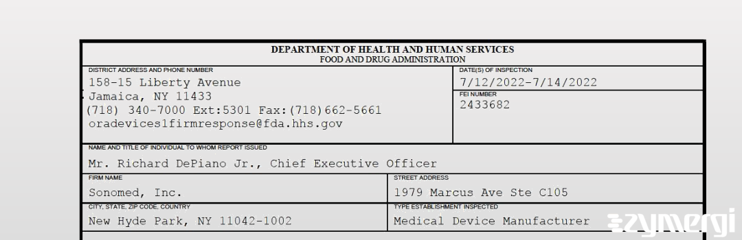 FDANews 483 Sonomed, Inc. Jul 14 2022 top