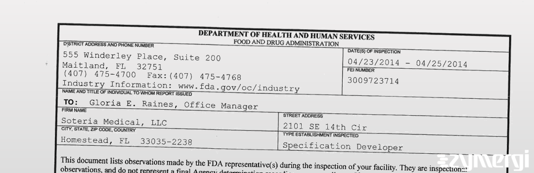 FDANews 483 Soteria Medical, LLC Apr 25 2014 top