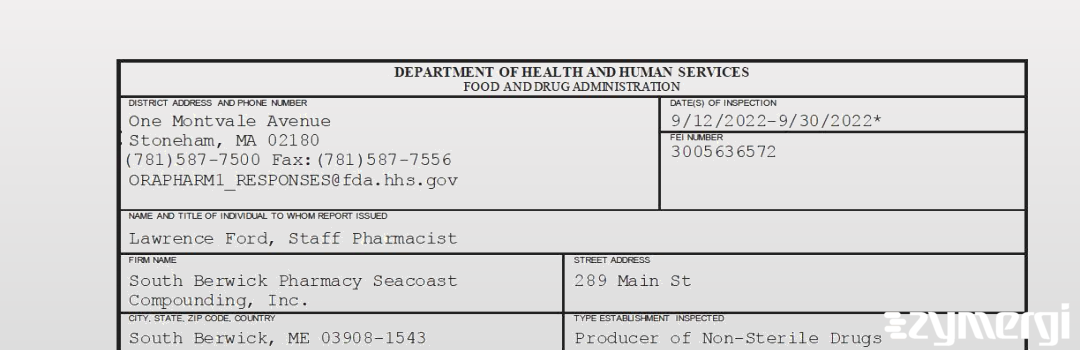 FDANews 483 South Berwick Pharmacy Seacoast Compounding, Inc. Sep 30 2022 top