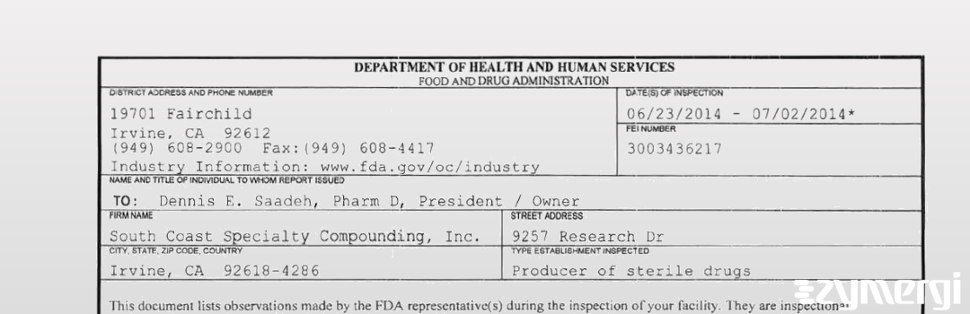 FDANews 483 South Coast Specialty Compounding, Inc. Jul 2 2014 top