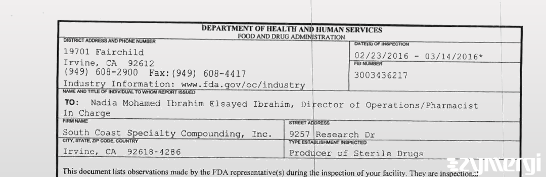 FDANews 483 South Coast Specialty Compounding, Inc. Mar 14 2016 top