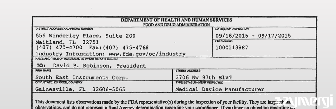 FDANews 483 South East Instruments Corp. Sep 17 2015 top