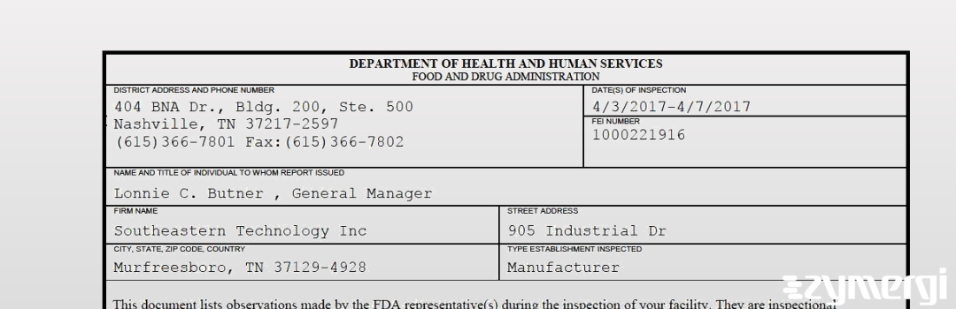 FDANews 483 Southeastern Technology Inc Apr 7 2017 top